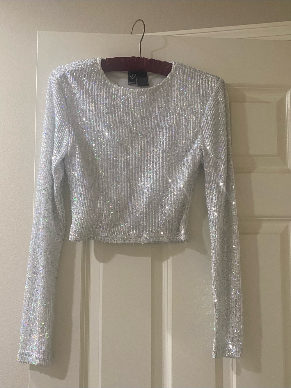 Matching Top and Skirt Set Sparkling Silver Sequin Long-Sleeve Top & Mini Skirt